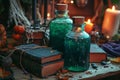 A photo of two green bottles sitting on top of a table, Halloween potions